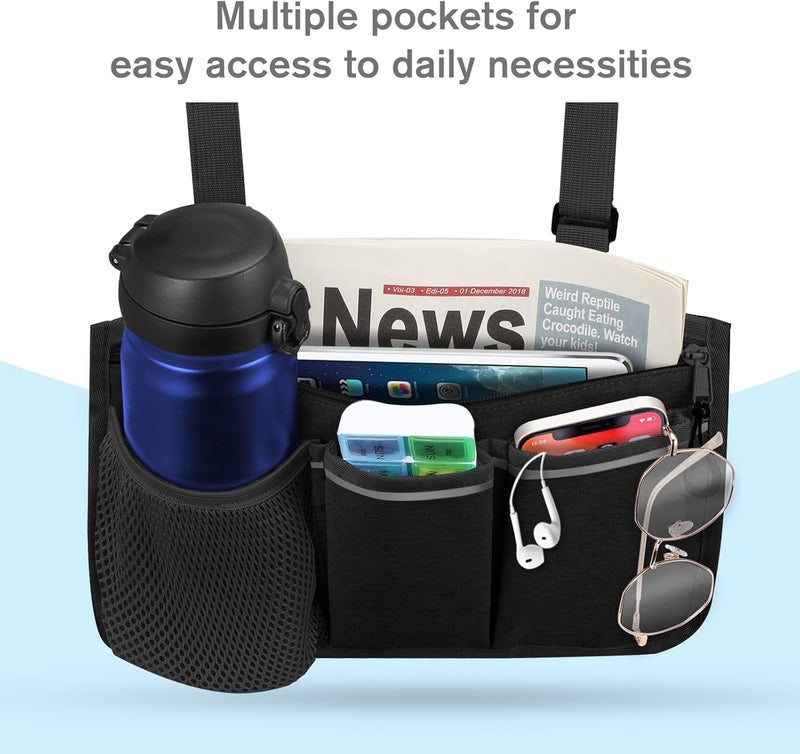 FINPAC Wheelchair Side Storage Bag - Wheelchair Armrest Accessories Organizers Pouch with Reflective Strips and Name Card Slot for Walkers, Mobility Scooters, Rollators (Black) - Image 2